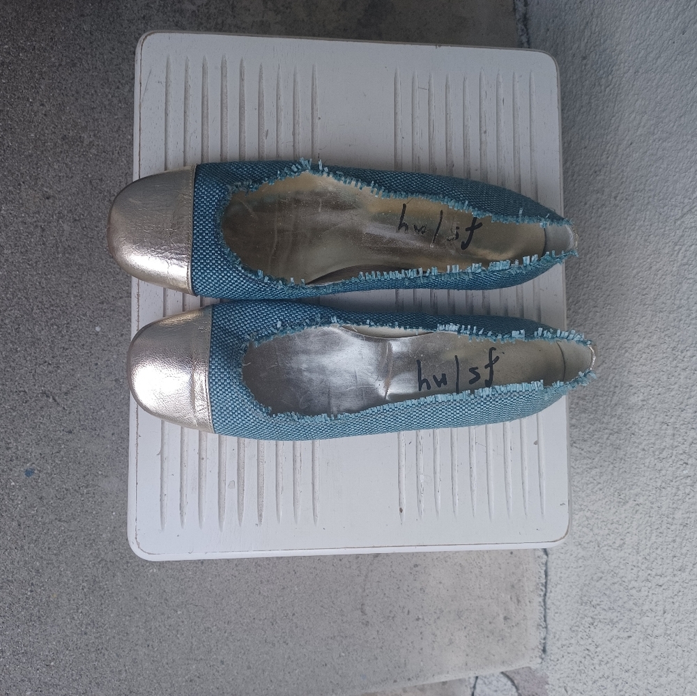FS/NY blue canvas gold leather toe ballet flat shoes size 8B - Picture 3 of 4